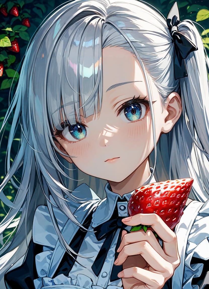 score_9, score_8_up, score_7_up ,source_anime masterpiece, best quality, perfect anatomy , very aesthetic , official art,BRAKE1girl, solo, silver hair, one side up, long hair, asymmetrical bangs, maid's outfit, close-up of face, looking at viewer, holding strawberry,  in hand, strawberry,