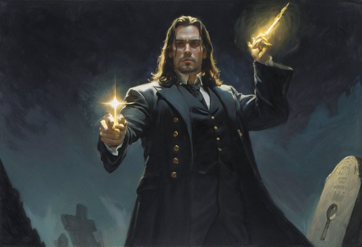 masterpiece,  award winning,  security guard shining light on a graverobber standing in an unburied grave holding up a gol...