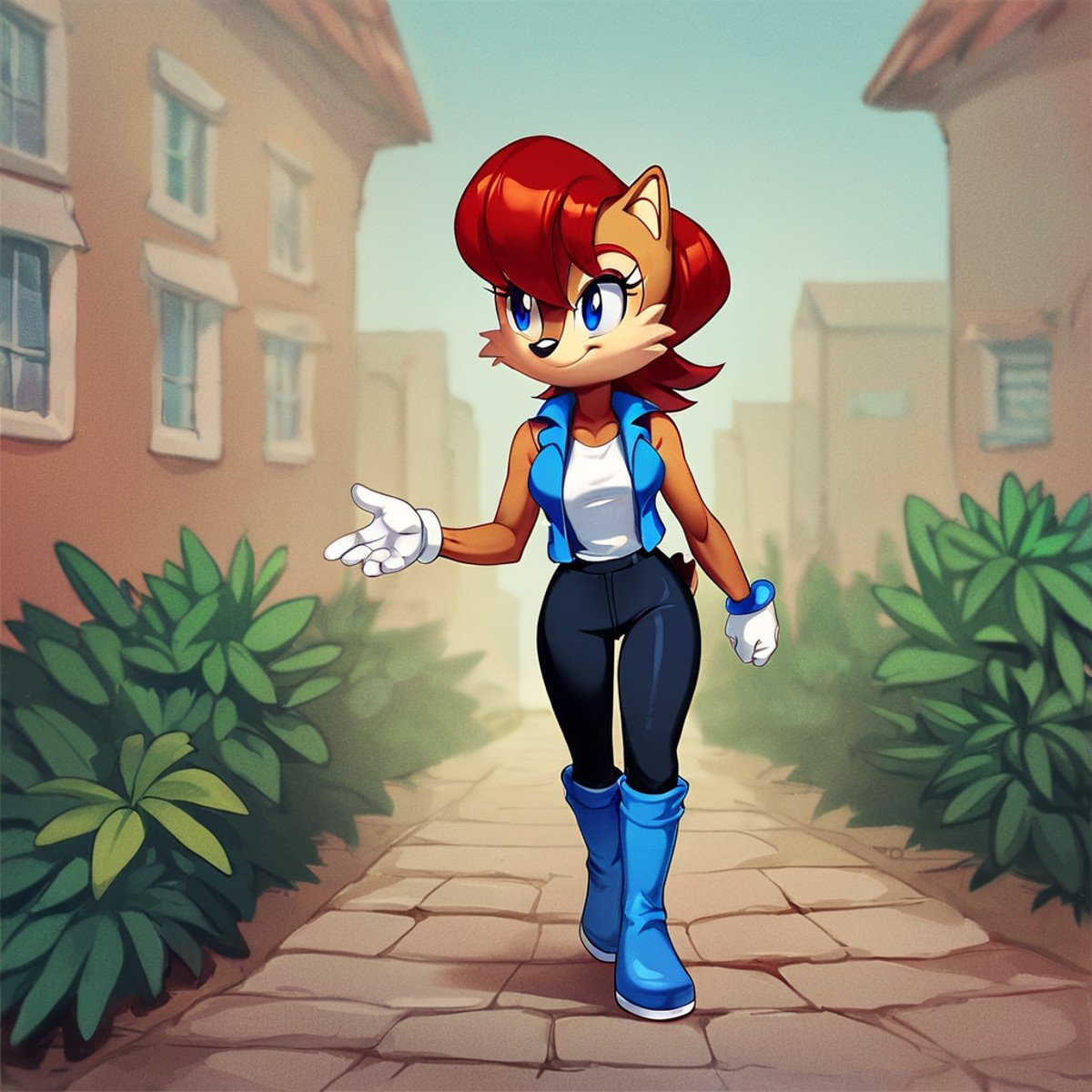 score_9, score_8_up, score_7_up, score_6_up, score_5_up, score_4_up, (Source furry), (rating questionable), <lora:SallyAcornpny:1>, sally acorn, blue eyes, red hair, short hair, bangs, smile, blue eyes, furry female, wearing black pants blue vest white sleeveless shirt, blue boots white gloves, walking outside, sunny, 1girl, solo,  detailed background