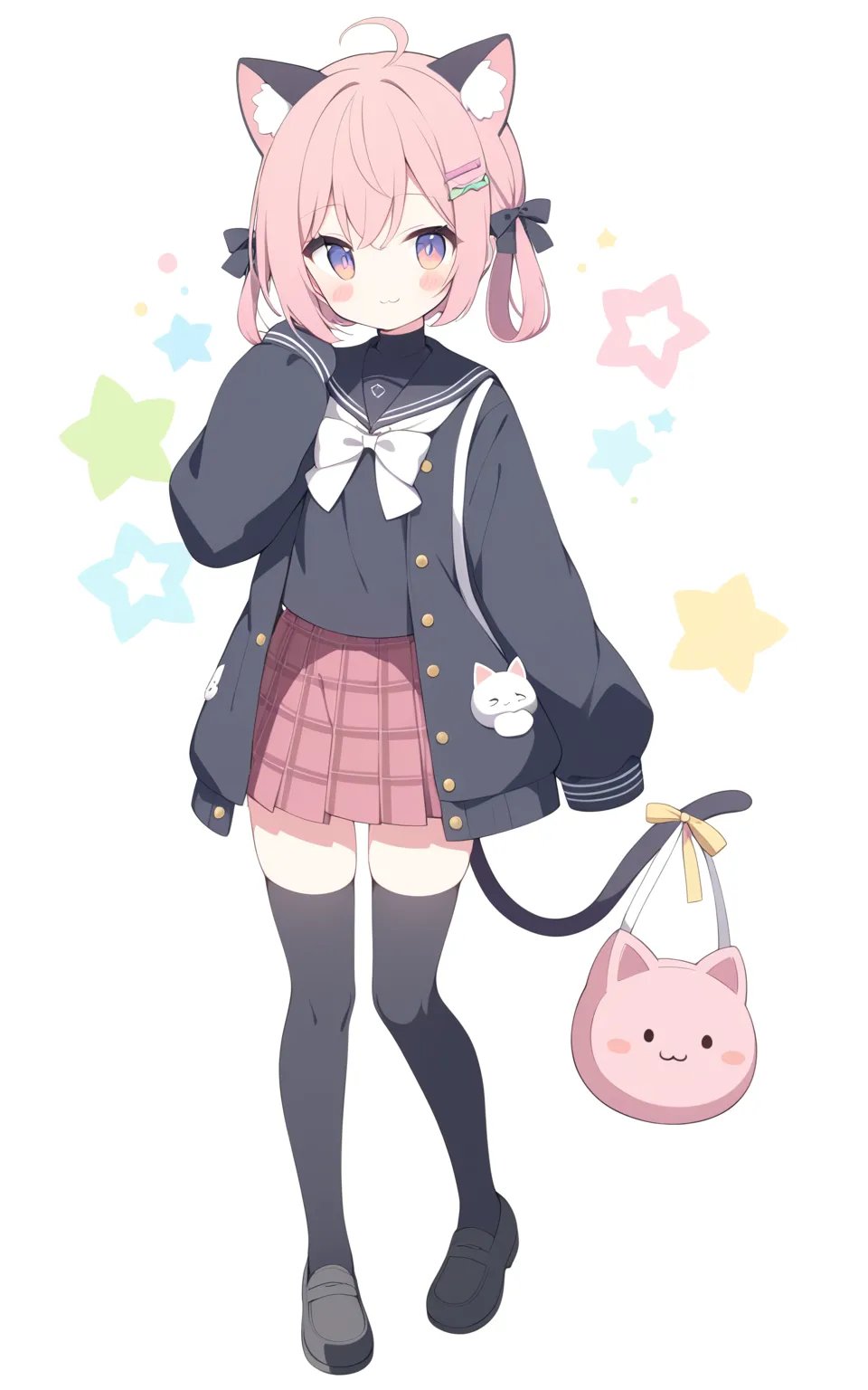 1girl,   yumenouchi chiharu, sakura \(39ra\), tyakomes, henreader, baku-p, daizu \(melon-lemon\), masterpiece, newest, absurdres, safe,short hair, black ribbon, skirt, sleeves past wrists, zettai ryouiki, cat bag, jacket, shoulder bag, looking at viewer, yellow ribbon, black thighhighs, grey bag, grey ribbon, english text, :3, ahoge, black footwear, orange eyes, hair ornament, solo, black bowtie, shoes, buttons, blue eyes, animal bag, black bow, cat tail, black sailor collar, serafuku, simple background, school uniform, multicolored ribbon, pink hair, black jacket, plaid, gradient hair, sleeves past fingers, white ribbon, bowtie, smile, star \(symbol\), pink skirt, open clothes, full body, loafers, plaid skirt, black serafuku, multicolored hair, purple eyes, bag, green bow, green eyes, tail ribbon, turtleneck, pleated skirt, black skirt, hand up, open jacket, ribbon, blue bag, multicolored eyes, aqua eyes, blush stickers, cat ears, miniskirt, sailor collar, white background, bow, animal ears, closed mouth, hair rings, purple ribbon, tail ornament, white bow, thighhighs, neck ribbon, standing, hairclip