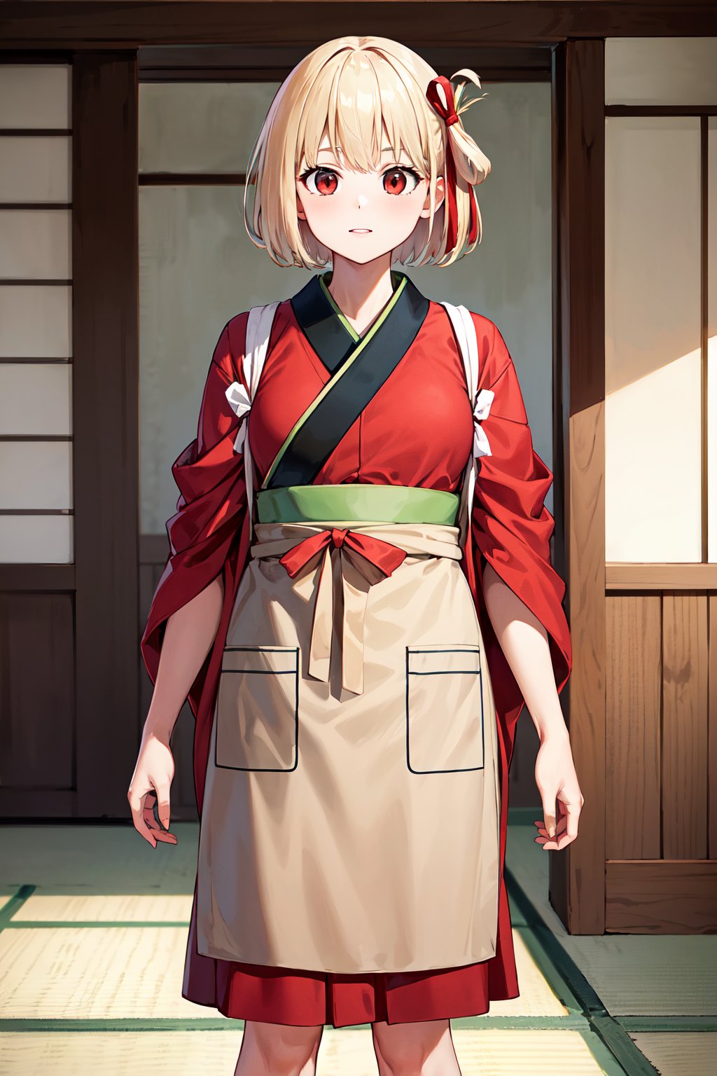 masterpiece, best quality, highres, aachisato, short hair, hair ribbon, japanese clothes, (red kimono:1.2), sash, (brown apron:1.2), <lora:nishikigi_chisato_v1:0.7>, indoors, standing, cowboy shot, 