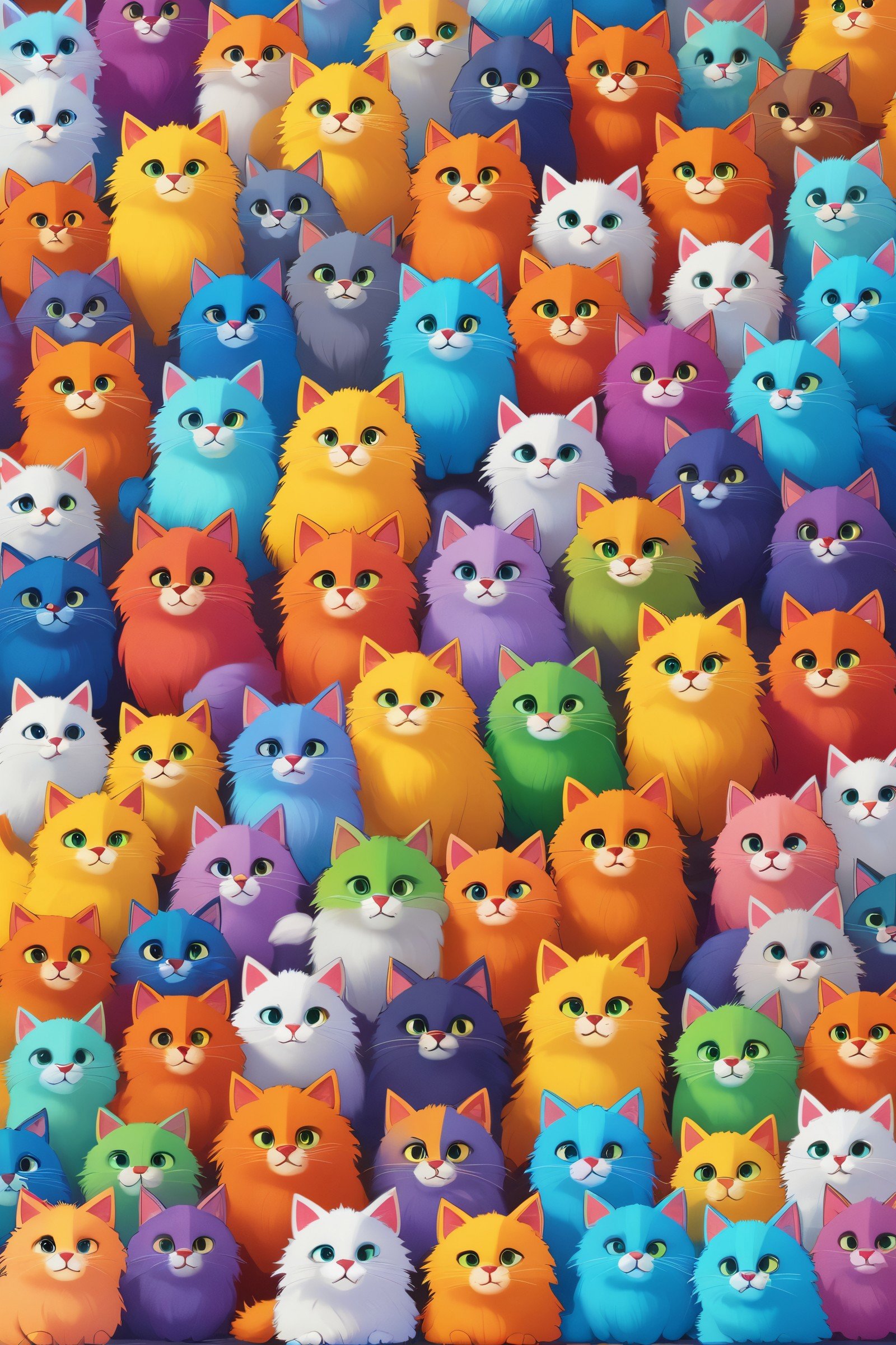 lots of fluffy cute cats in rainbow colors in pixar style