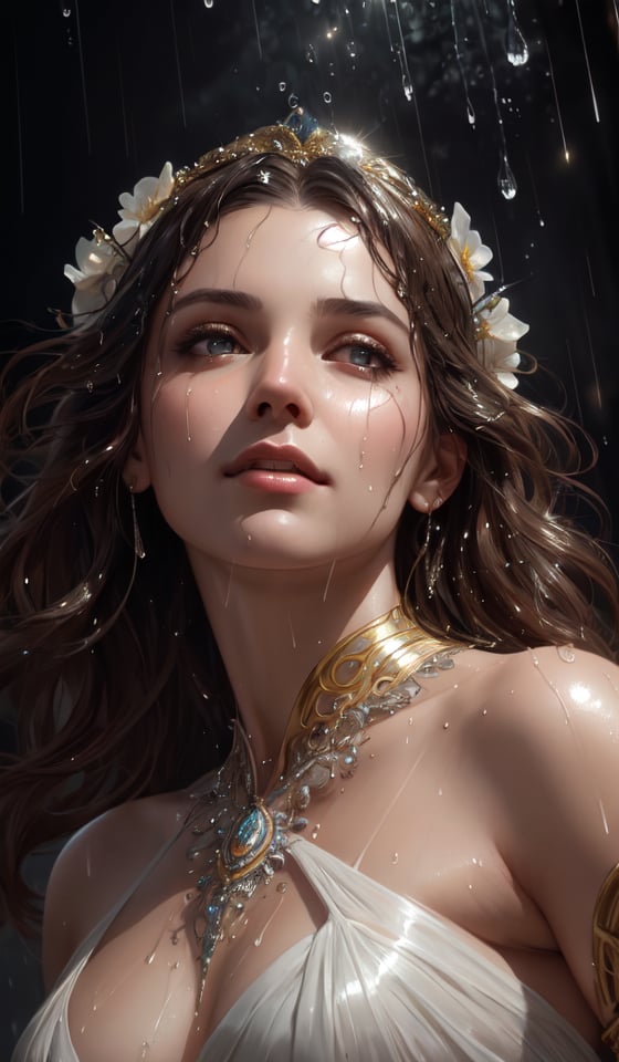 portrait of beautiful greek goddess,  looking straight up in pouring rain,  soaking wet hair by Beone21 on Tensor.Art