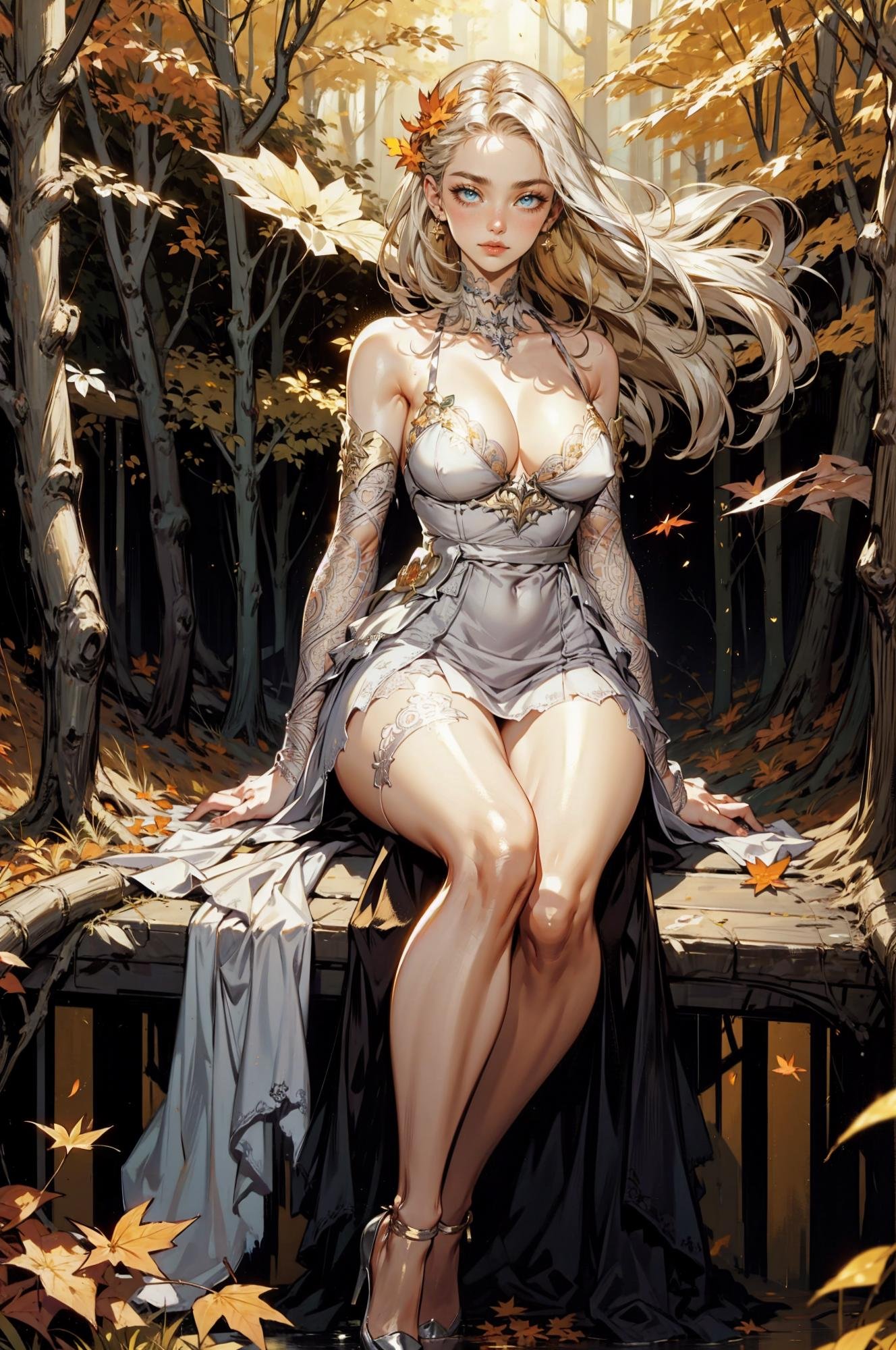 LAinnopromise, stunning woman wearing LAinnopromise dress, white dress, <lora:LAinnopromise:0.85>, (blonde hair),(hair blown by wind, flowing long hair:1.4), (blonde hair:1.2), hair blown by wind, (large breast), sitting, flower bed, nature, (golden theme:1.5), (autumn, orange leaves, bright background, orange forest background:1.3, white and golden background:1.5), falling white petals, ( shy:1.2), BREAK, (masterpiece:1.4), (4k:1.2), (extreme resolution:1.2), (highly intricate:1.2), (studio quality:1.2), (extremely detailed:1.2), (beautiful and aesthetic:1.4) 