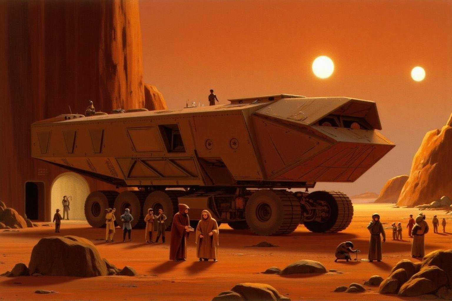 ralphmcq1 painting. A scene from a Star Wars universe,  set on the planet Tatooine with its Twin sunsat sunset. The image...