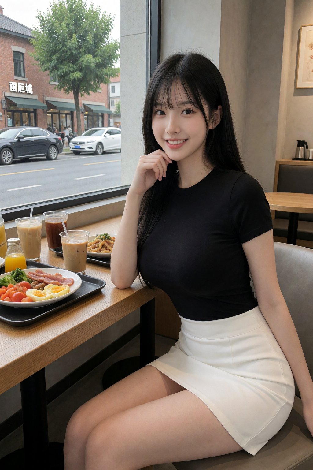 这是一张高分辨率照片,  照片中一位年轻的东亚女性坐在现代咖啡馆或餐厅的木桌旁。她留着一头乌黑亮丽的长直发,  刘海垂在脸颊两侧。她皮肤白皙光滑 by 天TIN on Tensor.Art