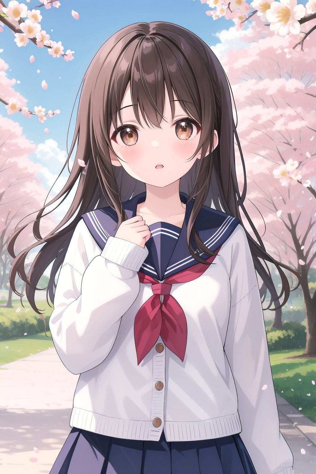 1girl, solo, long hair, looking at viewer, blush, open mouth, bangs, skirt, brown hair, shirt, long sleeves, brown eyes, school uniform, standing, upper body, flower, outdoors, parted lips, sky, serafuku, day, hand up, sailor collar, tree, blue sky, neckerchief, sleeves past wrists, petals, cardigan, blue sailor collar, cherry blossoms, red neckerchief, white cardigan