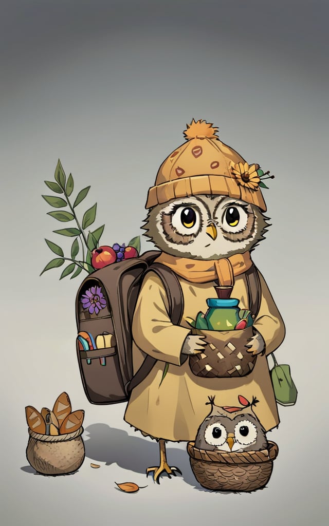 comic_style,children's_painting_style,bird,no humans,owl,bottle,bag,basket,flower,solo,grey background,animal focus,simple background,backpack,animal,hair ornament,hat,looking at viewer,clothed animal,holding,bread,standing,bug,outdoors,leaf,shadow,sitting,stick,black eyes,food,gradient background,fruit,closed mouth,<lora:好吃米-儿童绘本:0.8>,