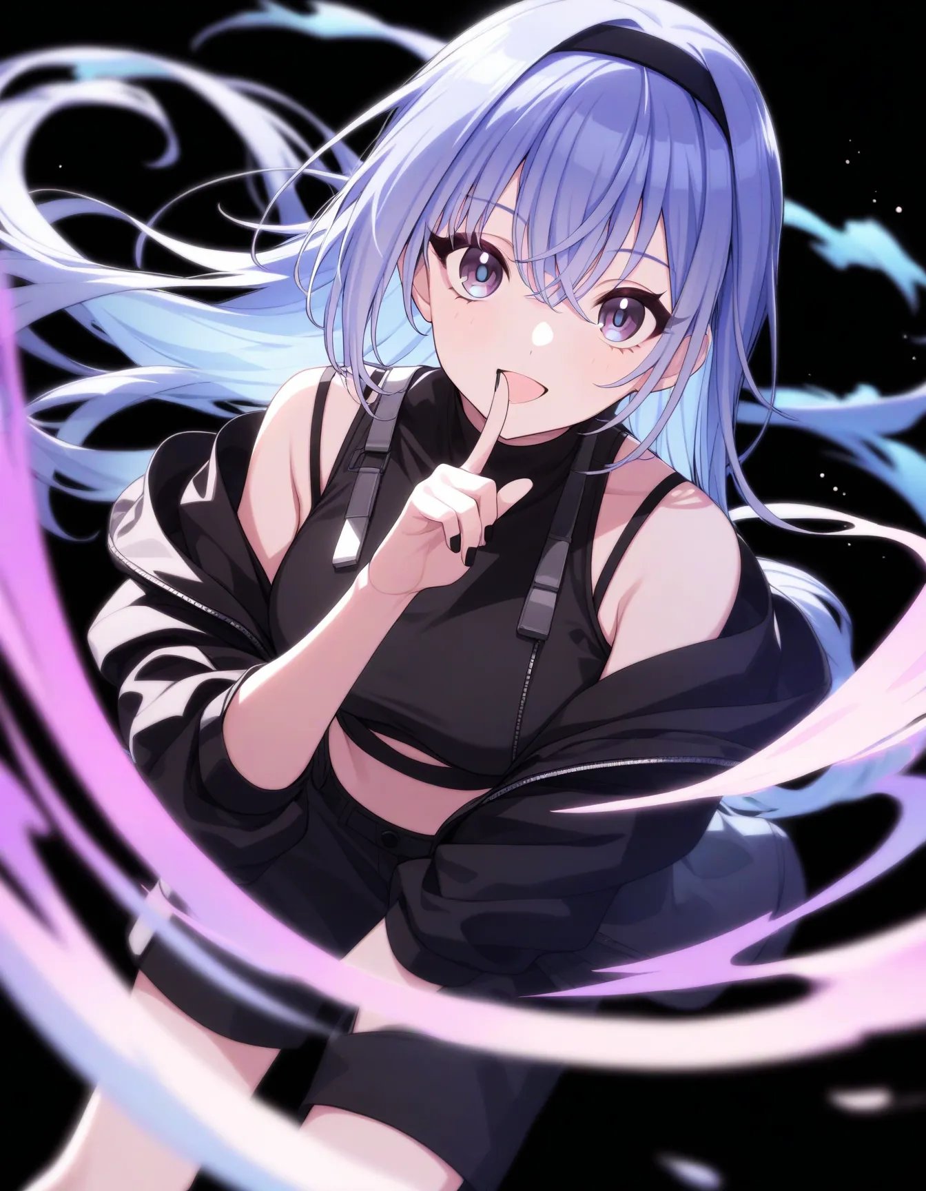 h_suzuki, 1girl, solo, long hair, looking at viewer, hairband, power wave, blurry foreground, simple background, black background, floating hair, tyndall effect, smile, purple eyes, jacket, black hairband, nail polish, black nails, shorts, virtual youtuber, bangs, black jacket, black shorts, index finger raised, finger to mouth, shirt, open mouth, breasts, off shoulder, floating hair, blue hair, open clothes, open jacket, black shirt, hair between eyesmasterpiece, best quality, very aesthetic, absurdres <lora:a31_h_suzukiXL:1>