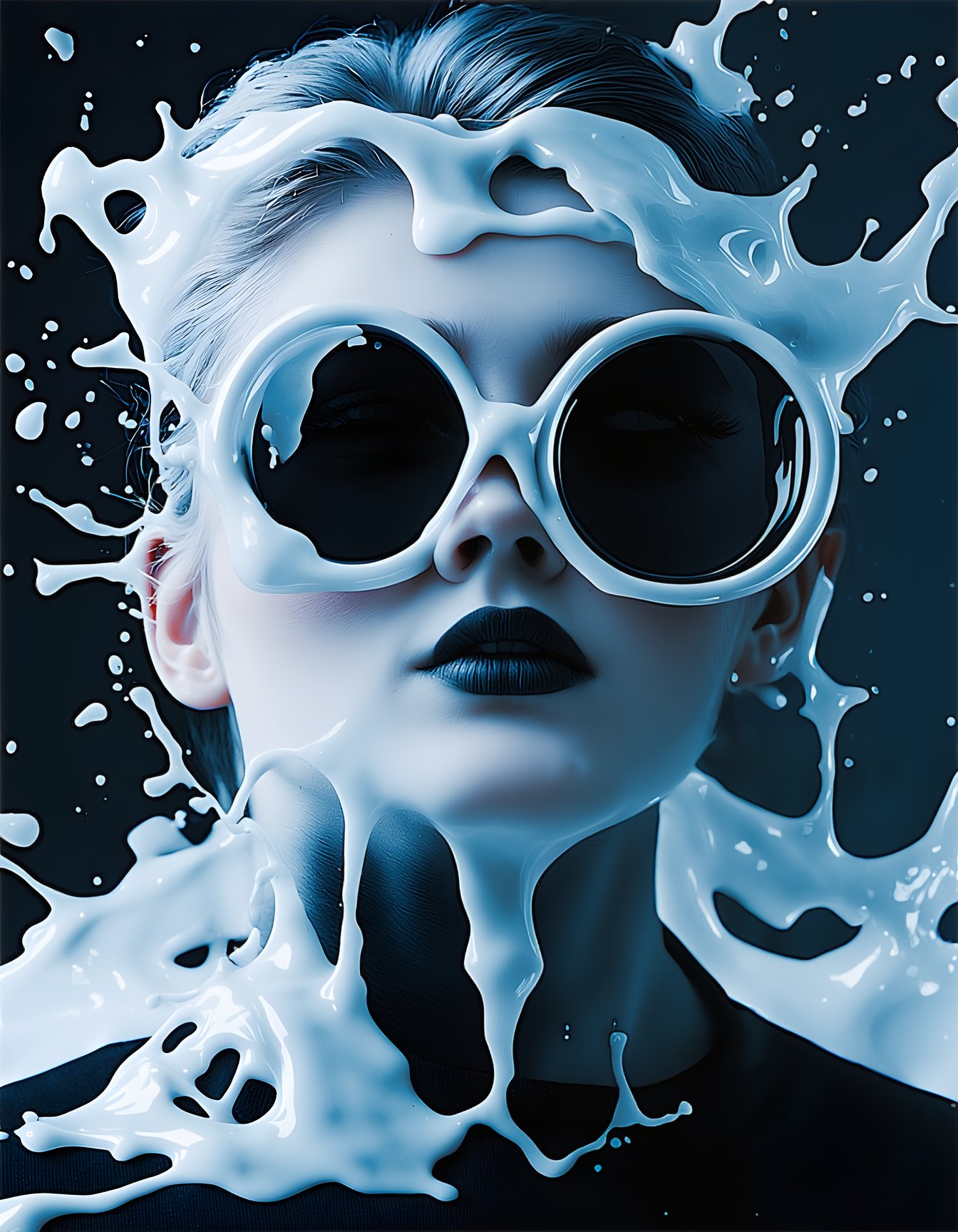 (best quality, 4K, 8K, high-resolution, masterpiece, ultra-detailed, photorealistic), a [woman] with a black face wearing large round [white] glasses, [white] liquid splashing all around, the liquid appears to be thick and glossy, surreal and abstract design, vibrant and bright [white] dominating the image, high contrast between the black face and [white] liquid, the liquid looks like it's melting or dripping off the glasses and face, intense and dynamic visual composition, modern and futuristic art style, dramatic lighting, bold and striking visual elements. ,