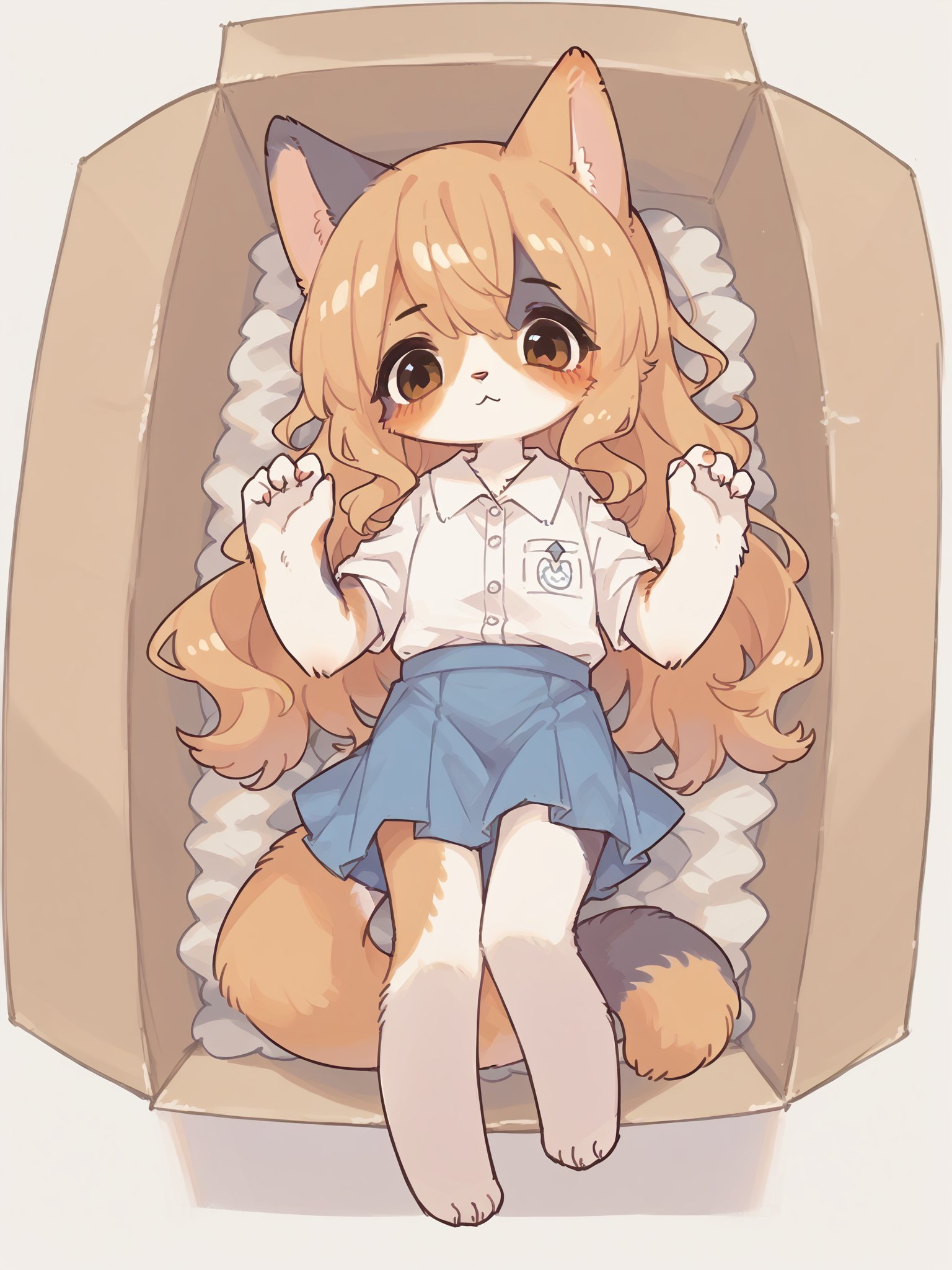 score_9, score_8_up, score_7_up, score_6_up, score_5_up, score_4_up, source_furry, source_anime, rating_safe, furry, kemono, 1girl, calico cat girl, cardboard box, hands up, long hair, lying, blue short skirt, looking at viewer,