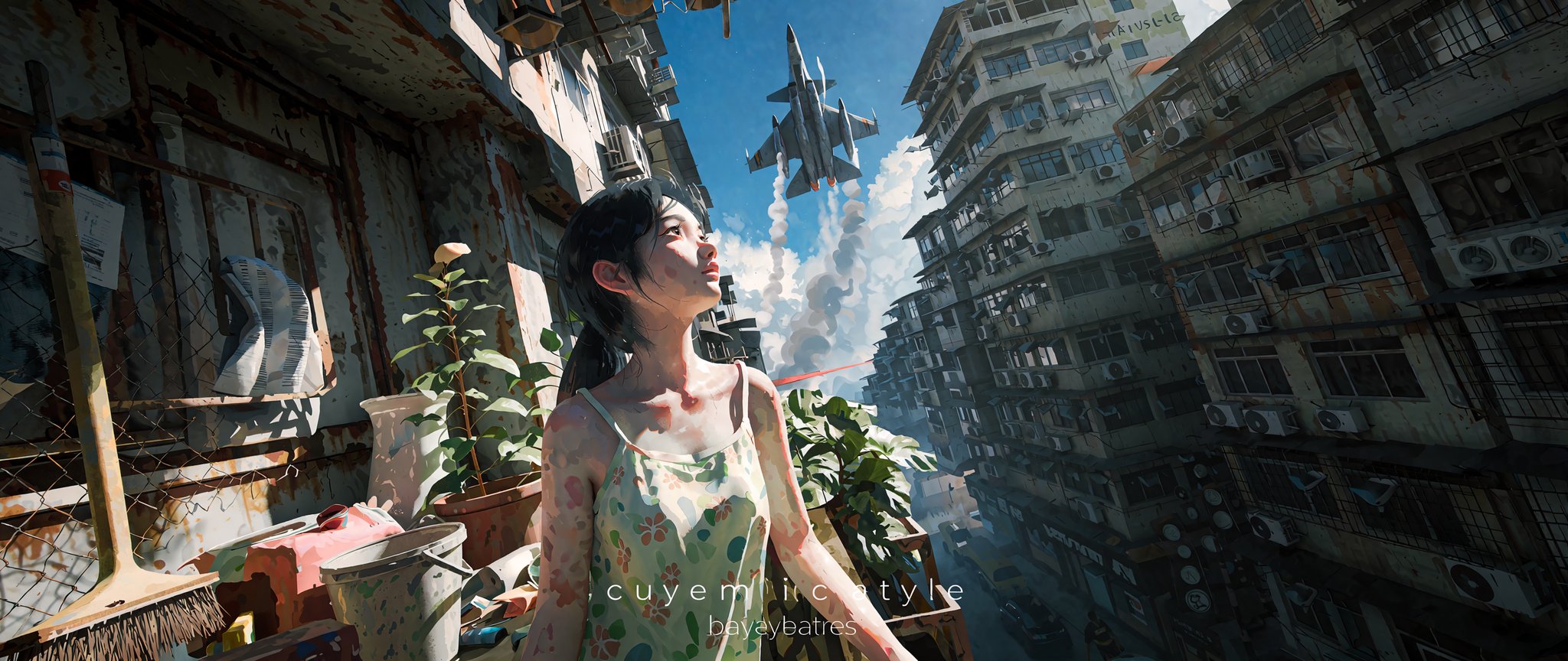 A cinematic,  ultra-wide low-angle shot captures a serene anime-style girl standing on a dilapidated,  cluttered balcony b...