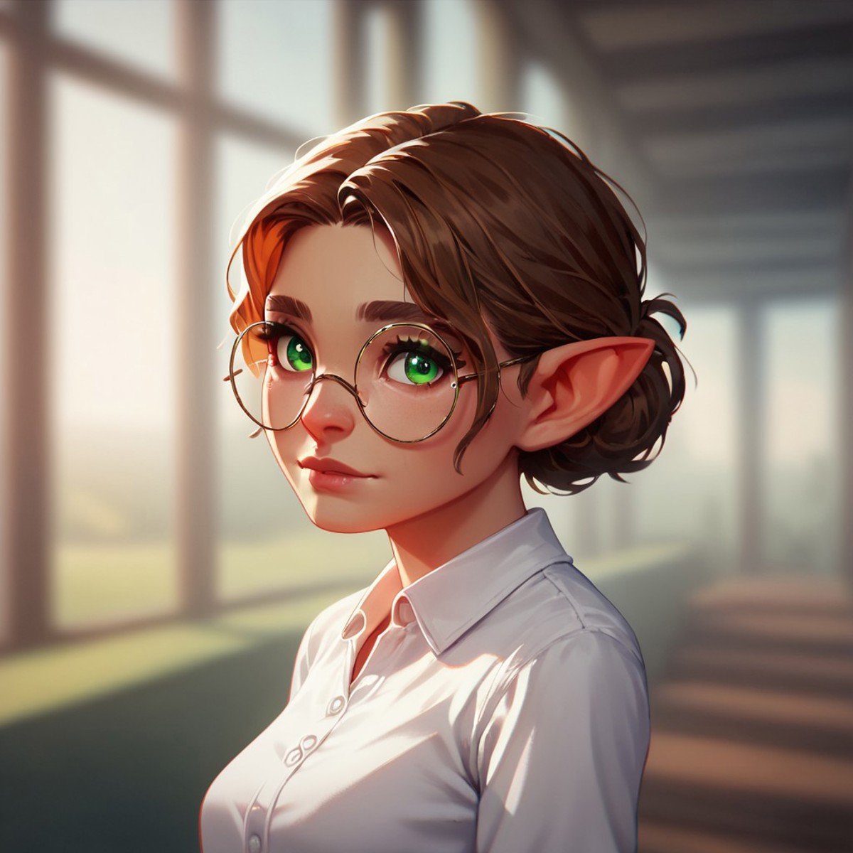 (((beautiful, high quality))), upper Body, score_9, score_8_up, score_7_up, halfling, short stature, pointed ears, big eyes, 1girl, green eyes, brown hair, round glasses, white office shirt, fantasy clothes,looking at the viewer, posing, blurred background, blurred fantasy background,