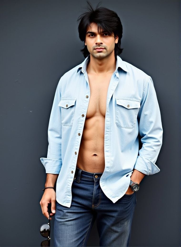 Neeraj Chopra ,  stands confidently in front of a dark gray wall. He wears a light denim shirt,  unbuttoned at the top by...