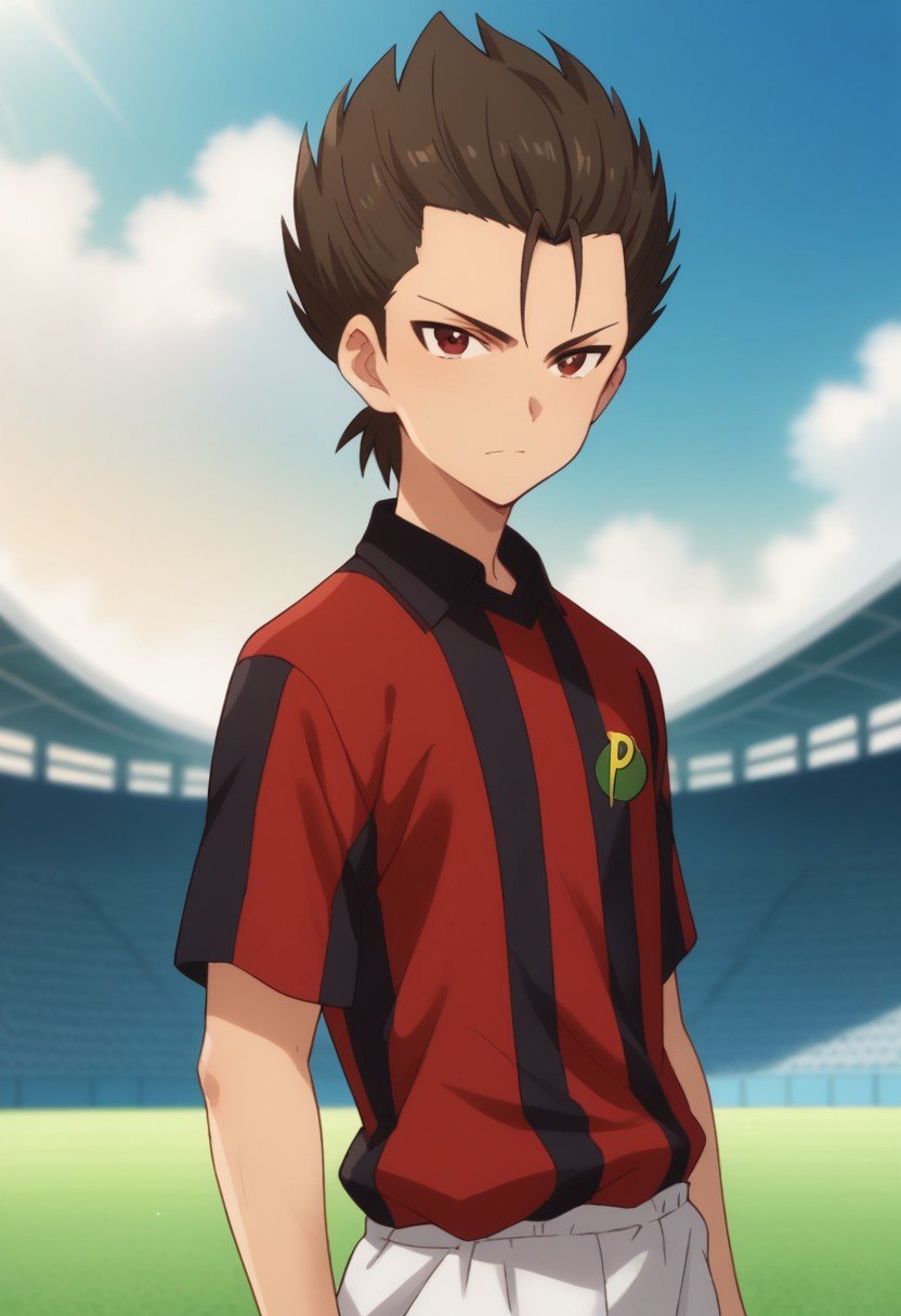 score_9, score_8_up, score_7_up, source_anime, highly detailed, kouta, 1boy, male focus, solo, sportswear, red eyes, brown hair, looking at viewer, soccer uniform, spiked hair,black shirt, red shirt, striped, white shorts, upper body,outdoor, sky, 