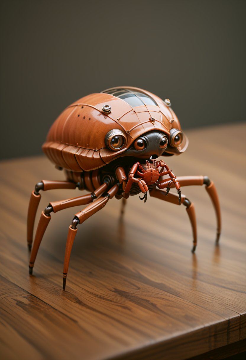 score_9, score_8_up, score_7_up,a (steampunk mechanical crab) on a wooden table, animal focus,arthropod,,feral,science fiction, science instruments, <lora:Steampunk_Pony:1>