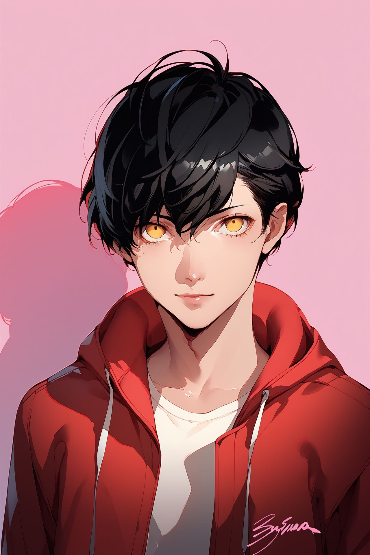 score_9, score_8_up, score_7_up, 1boy, looking at viewer, black hair, golden eyes, pink_background <lora:Soejima_Shigenori_PonyXL_style_v01:1>