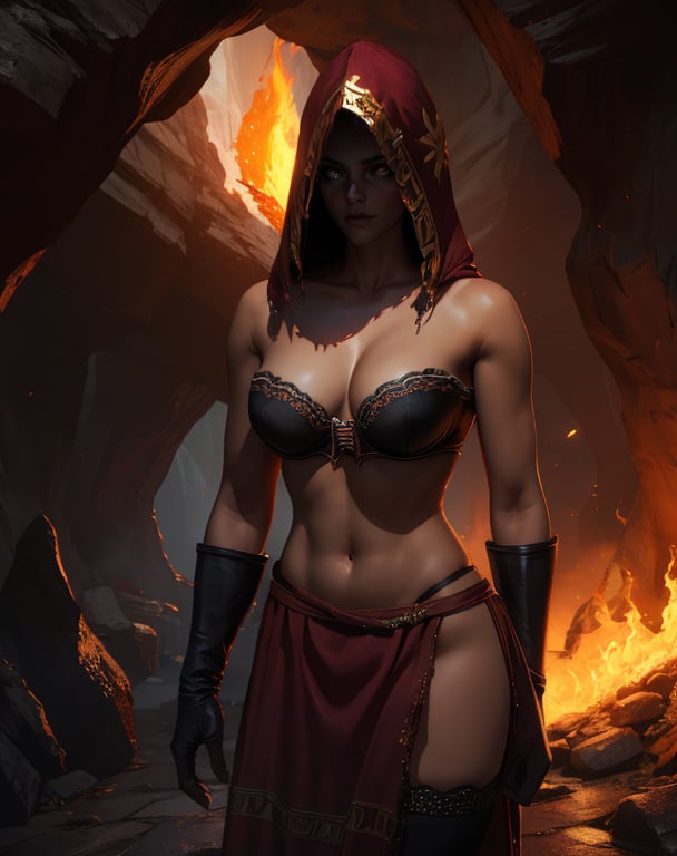 Dsorceress,solo,standing,shadowy face,dark cave,fire,hood,shadowed face,strapless bra,skirt,black thighhighs,standing,(insanely detailed, masterpiece, best quality) cinematic lighting,<lora:Dsorceress:0.8>,