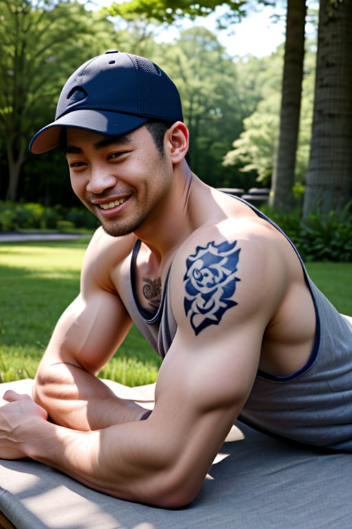 arms crossed, bored face, cap, crawling, grey shorts, light smile, light smle, lying on hammock, mouth closed, naked, nude, open mouth, park background, serious face, side profile, smile, smilinh, tank top, tattoo