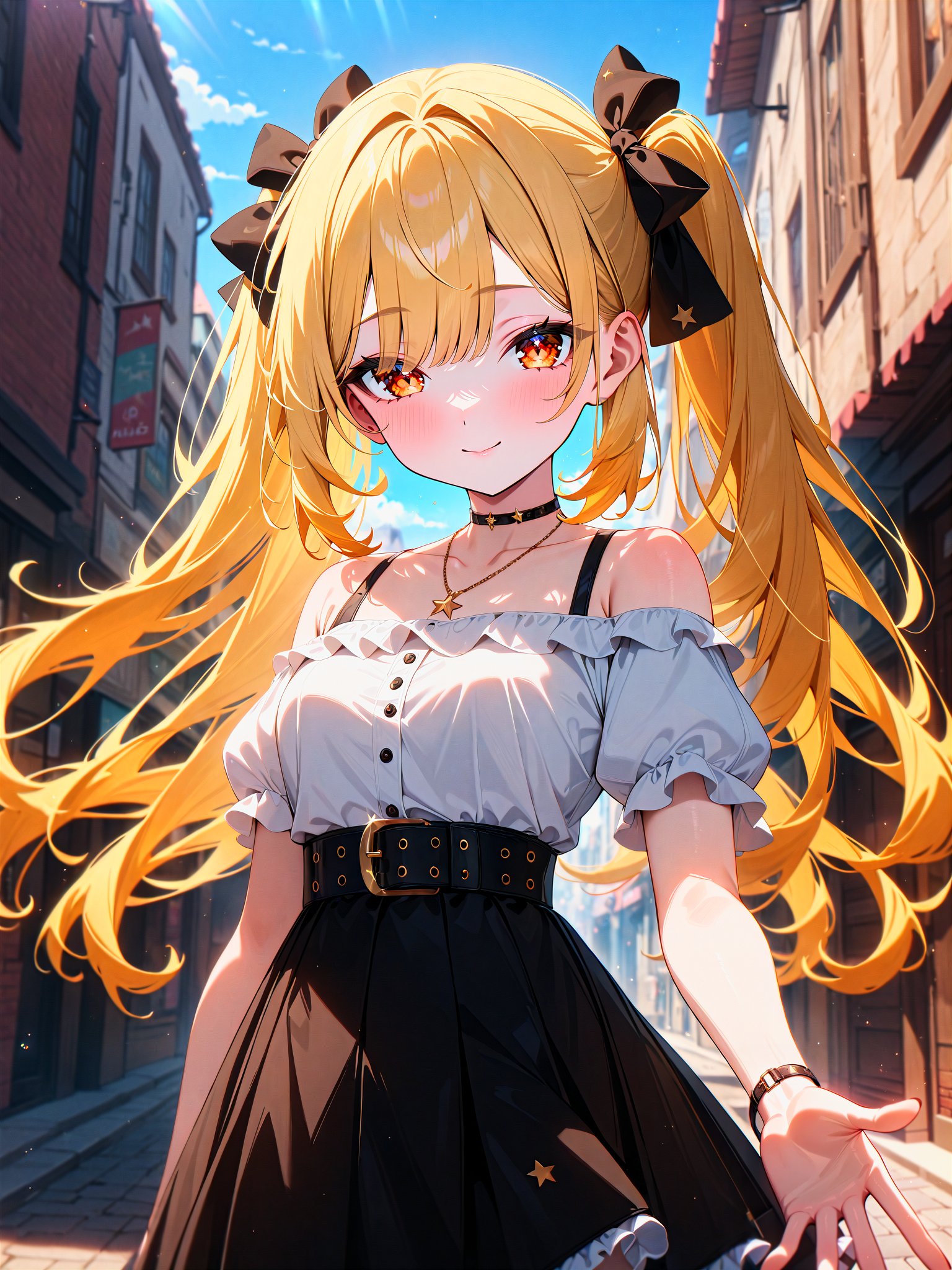 masterpiece, best quality, very aesthetic, absurdres, newest, 1girl, cute girl, 17 years old, medium breasts, brown eyes, orange eyes, slanted eyes, teenage,pale yellow hair, blonde hair, twintails, long hair, eyebrows visible through hair,white shirt, short sleeves, puffy sleeves, white frills, off shoulder, bare shoulders,frilled skirt, hair bow, black bow, black skirt, belt, necklace, star \(symbol\),smile, closed mouth,street, town, day, blue sky, sun, sunlight, shopping,reaching out,