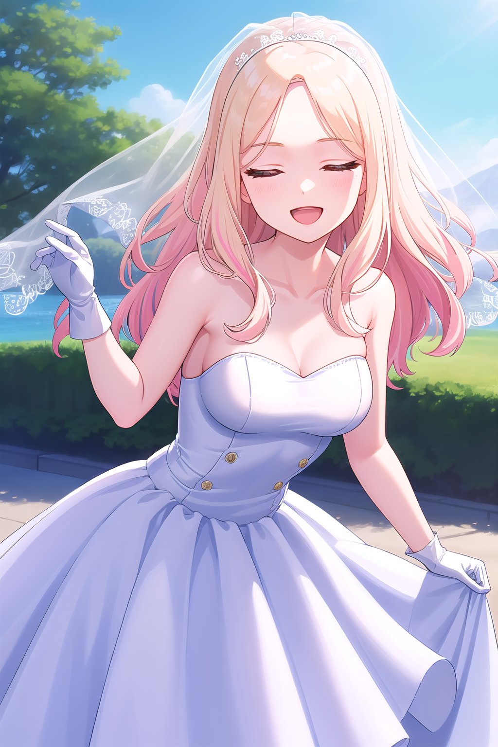 (masterpiece, best quality), highly detailed background, perfect lightingbest quality, juuousena, outdoors, nature, bridal veil, blonde hair, parted bangs, forehead, streaked hair, wavy hair, very long hair, closed eyes, medium breasts, wedding dress, white dress, white gloves, frilled skirt, smile, open mouth, ^o^, <lora:Juuou-Sena-05:0.7>