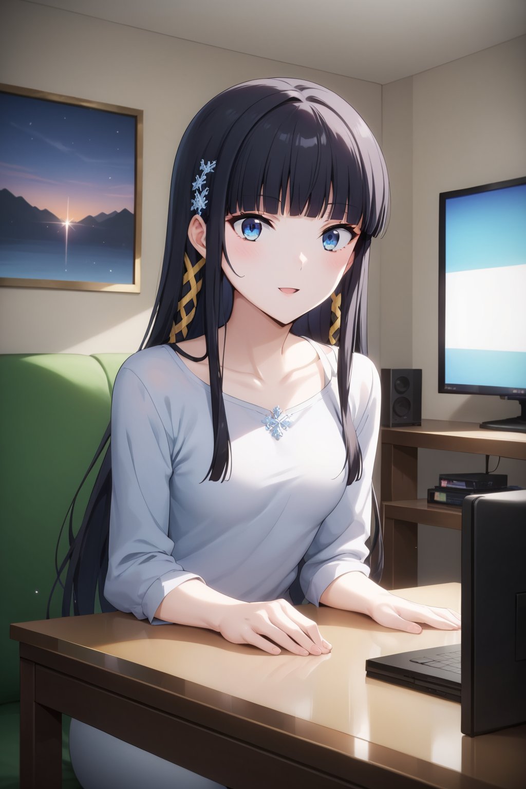 1girl, solo, lustrous skin, shiny skin, score_9, score_8_up, score_7_up, masterpiece, best quality, aesthetic, dynamic pose, indoors, , miyuki shiba, long hair, blue eyes, black hair, hair ornament, ribbon, hair ribbon, snowflake hair ornament, bangs, blunt bangs, casual outfits, living room, tv, bend over, looking_at_viewer<lora:EMS-375596-EMS:0.800000>