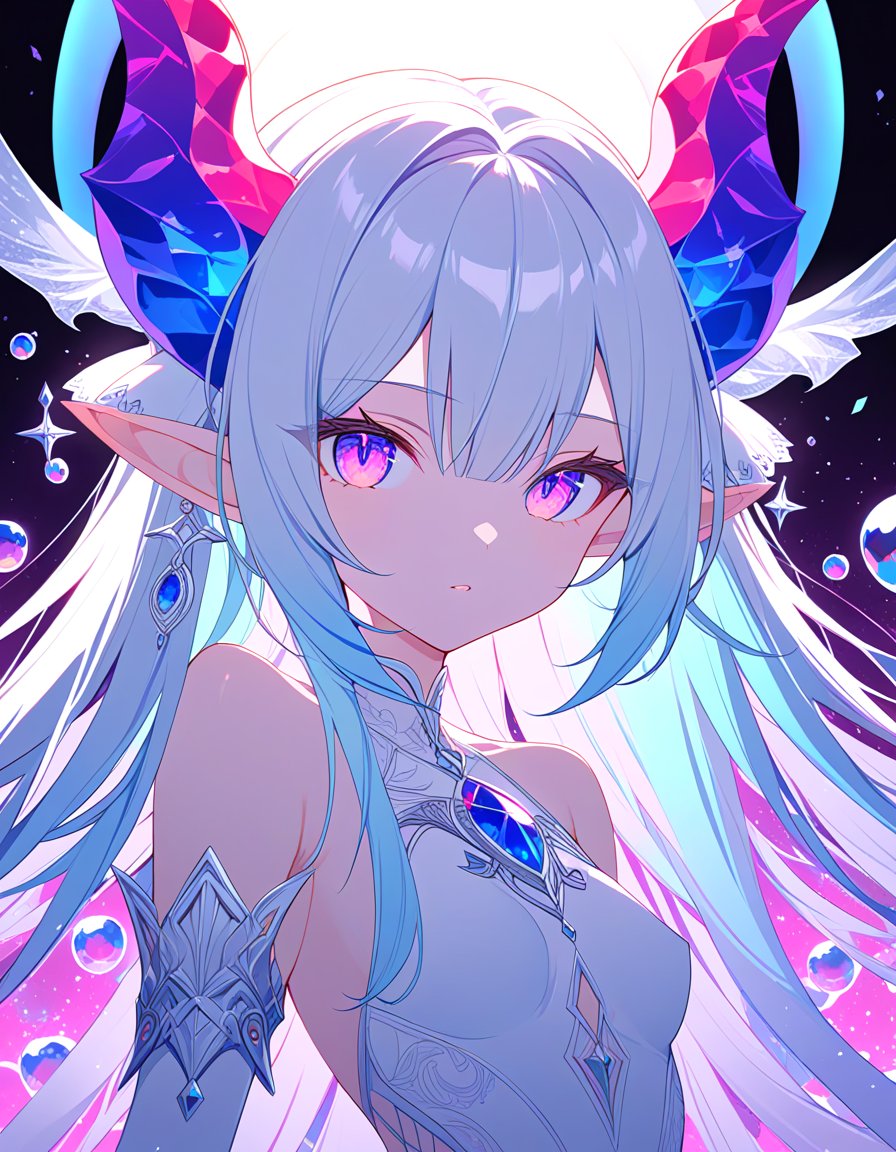 1girl,solo, portrait, close-up, eye focus,bubbles around, (lots of big colorful Bubbles:1.33), rainbow colors, colorful,iridescent long hair, iridescent horns, pointy ears,small breasts, shapely breasts,(beautiful detailed eyes:1.1), symmetrical eyes, clean facial features, good posture,succubus, succubus demon, succubus body, demon girl, demon horns,halter dress, detailed white dress with decorations, detailed detached sleeves, jewelry, gem, crystal,beautiful art, ultra-detailed, (8k:1.1), (HDR:1.1), (sharp focus:1.1), (intricate:1.1),(beautiful and aesthetic:1.2), (very detailed background:1.1), (highly detailed background:1.1),symmetrical, octane render, 35mm, bokeh, 9:16,(intricate details:1.15), (hyperdetailed:1.15), (soft light:1.2), (sharp:1.2), detailed,(backlighting:1.1), (detailed light:1.1), detailed background, extremely detailed, highest detailed,Iridescence, depth of field, flat color, vector art, negative space, fantasy, high contrast, cinematic angle, cinematic lighting,newest, recent, masterpiece, best quality, normal quality