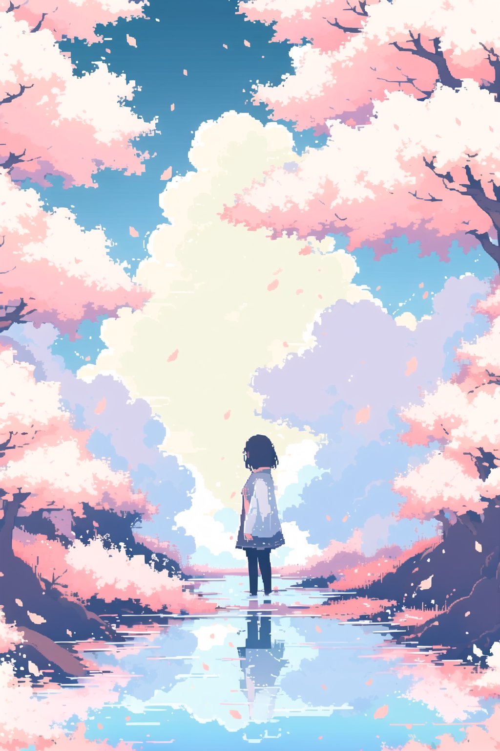 solo, tree, 1girl, cherry blossoms, cloud, reflection, sky, long sleeves, petals, wide shot, outdoors, ripples, short hair, shirt, water <lora:Pixel Art1.1:0.8>,