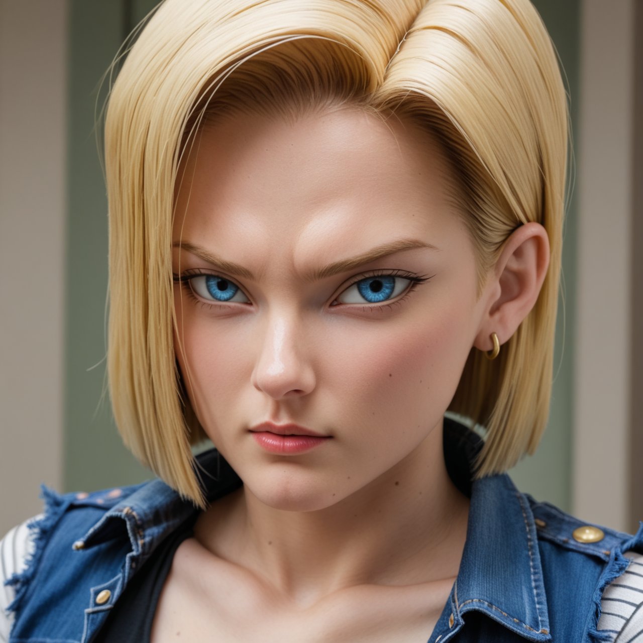 dragon ball, C-18, android 18, woman,  movie style, sfw, half body portrait,