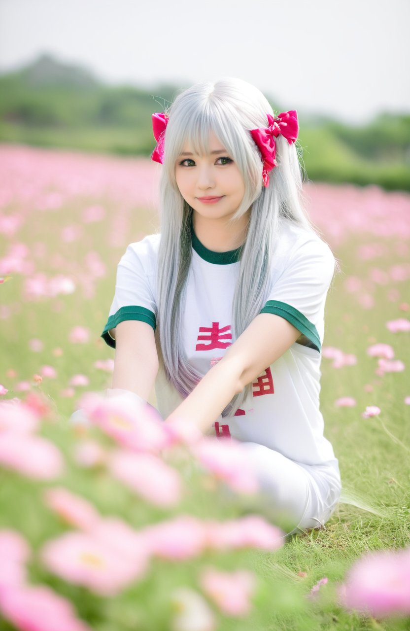 a young woman with long,silver hair adorned with pink hair bows. She is wearing a white t-shirt with Japanese characters printed on it. The t-shirt has green stripes on the sleeves. She is sitting on a a field of vibrant flowers,and is looking directly at the viewer. The flowers are in full bloom, showcasing a myriad of colors including pink, white, and red. The depth of field is shallow, the background and some flowers are slightly blurred. The overall mood of the image is serene and joyful.