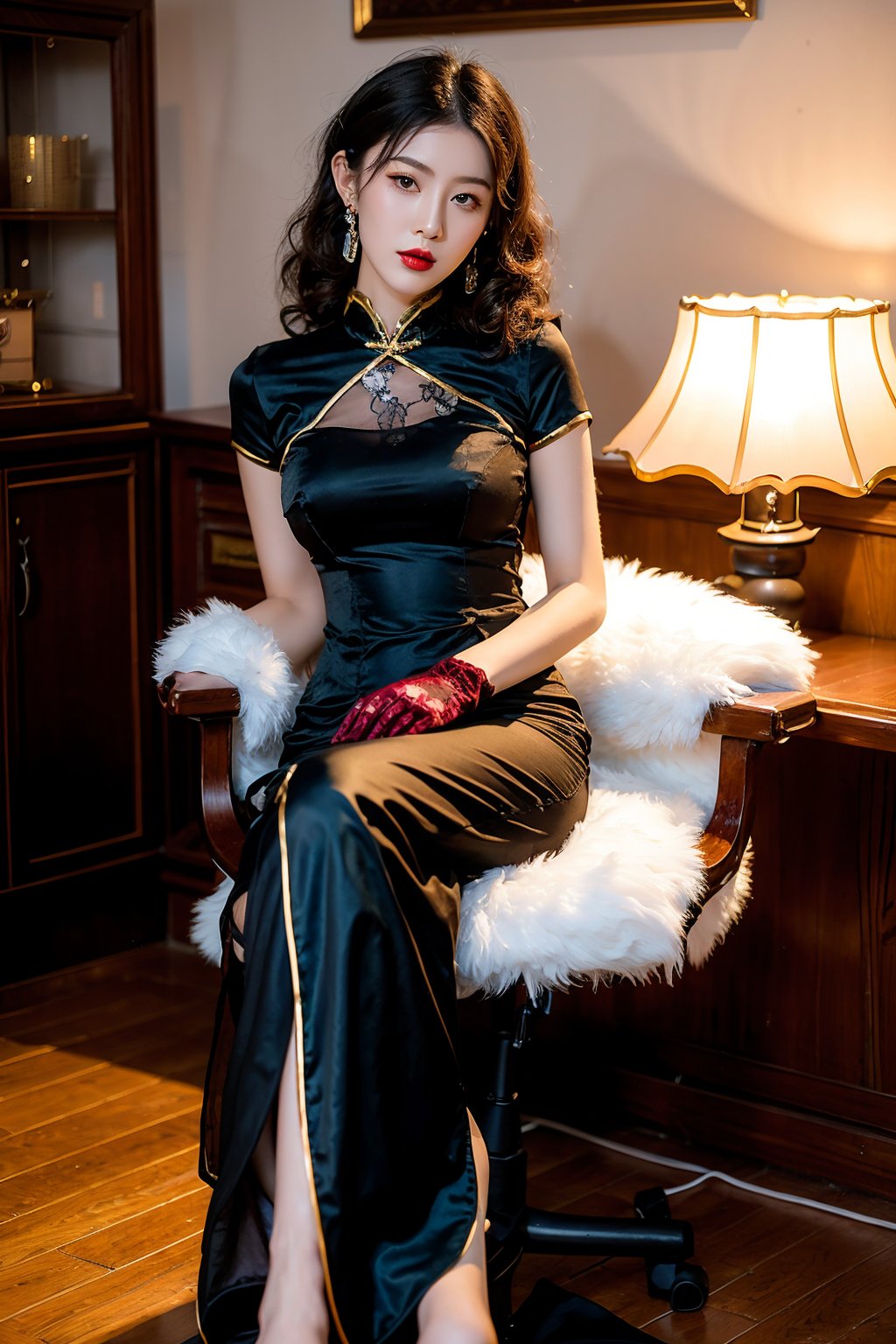 1girl,gloves,(realistic:1.2),lace gloves,solo,wavy curls,lamp,chinese clothes,whole body,dress,black gloves,china dress,black hair,(red lips:0.7),earrings,short sleeves,looking at viewer,makeup,jewelry,chair,(lipstick:0.7),indoors,<lora:linhe minguoshannv_20231019115043:0.7>,