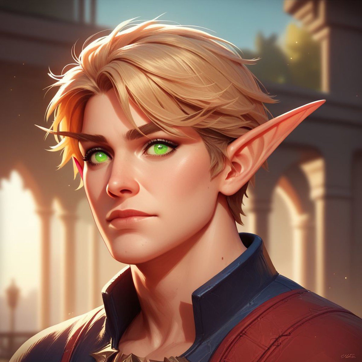 score_9, score_8_up, 8, score_7_up, score_6_up, (dynamic lighting:1.1), ((masterpiece)), solo, portrait, (((beautiful, hyper realistic, high quality))), portrait, score_9, score_8_up, score_7_up, Elf, Pointed ears, Long eyebrows, 1boy, blond short hair, green eyes, Fantasy clothes,fantasy background, blurred background