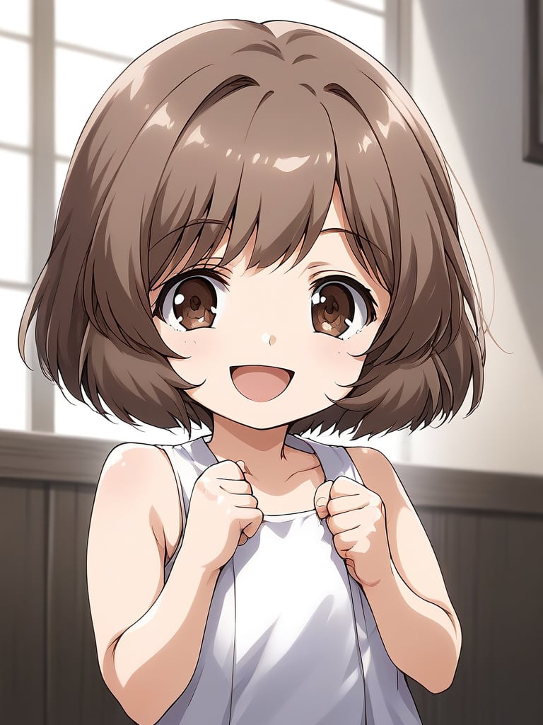 score_9, score_8_up, score_7_up, source_anime, rating_explicit, BREAK  <lora:Amatsuka_Sakura_Ver2.0_XL:1> AmatsukaSakura, brown hair, short hair, brown eyes, bangs, no hat, chibi, smile,1girl, solo, smile, open mouth, looking at viewer, :d, clenched hands, indoors, bare shoulders, upper body