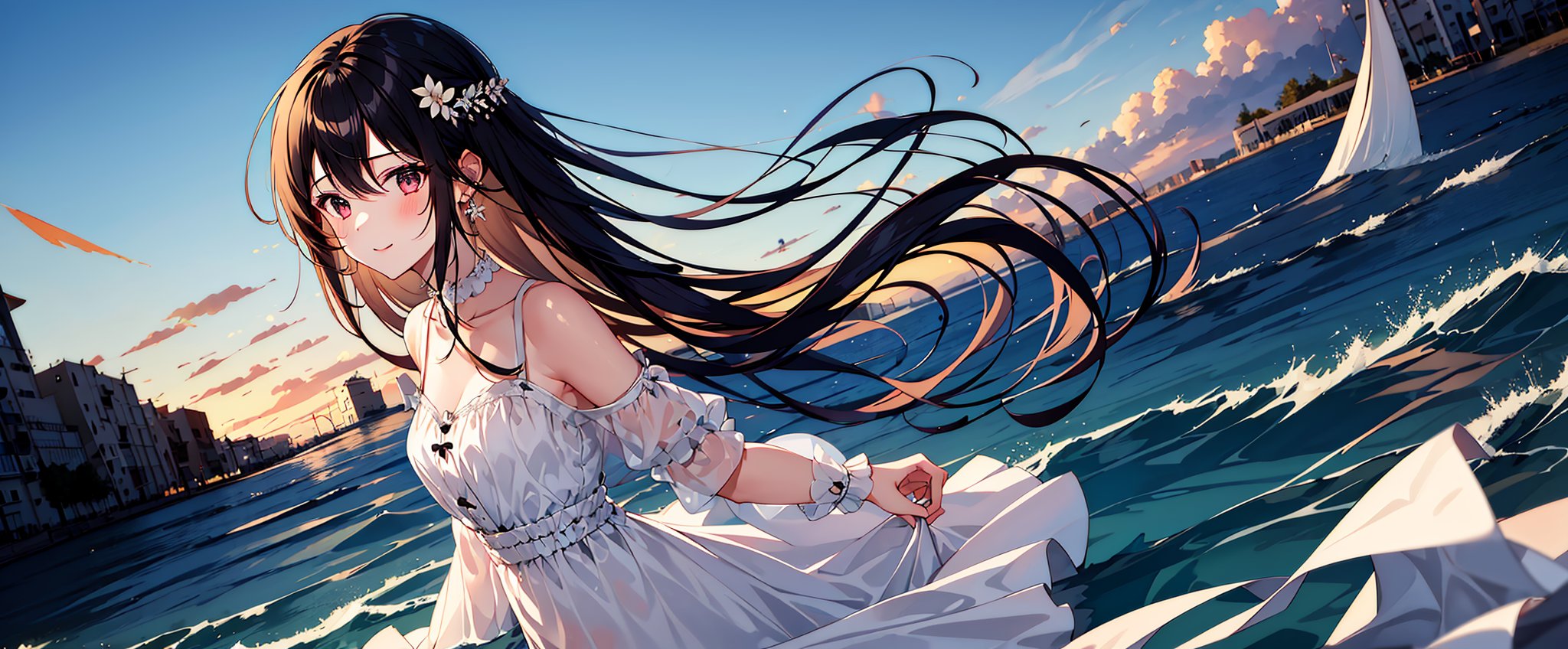 1girl,long hair,dress,solo,water,white dress,very long hair,black hair,brown hair,afloat,Mid-range,