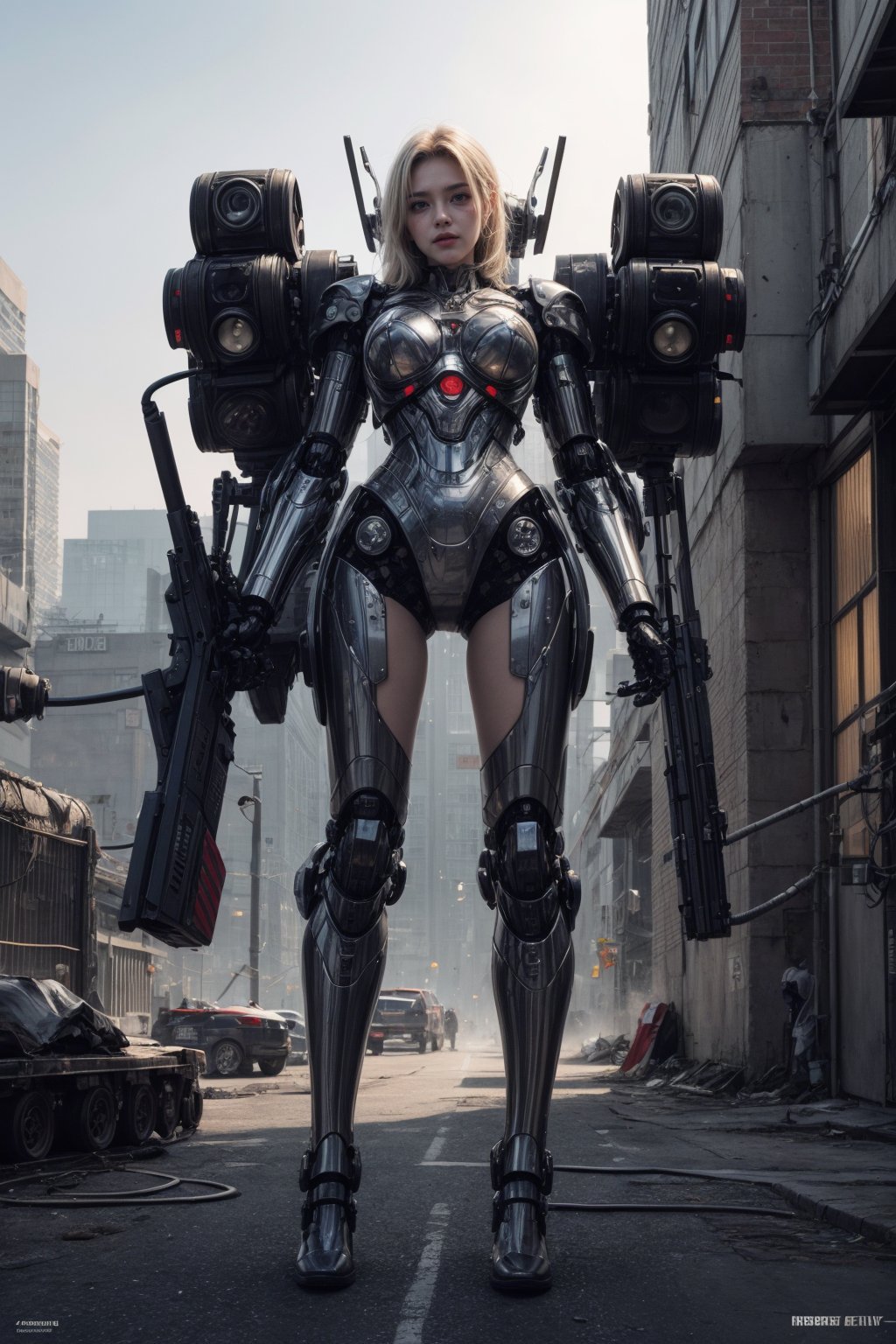 masterpiece, (best quality:1.4), [:intricate details:0.2], 1girl, robot girl, mecha, detailed mechanical anatomy, mechanical arms, war, weapon, cyberpunk,