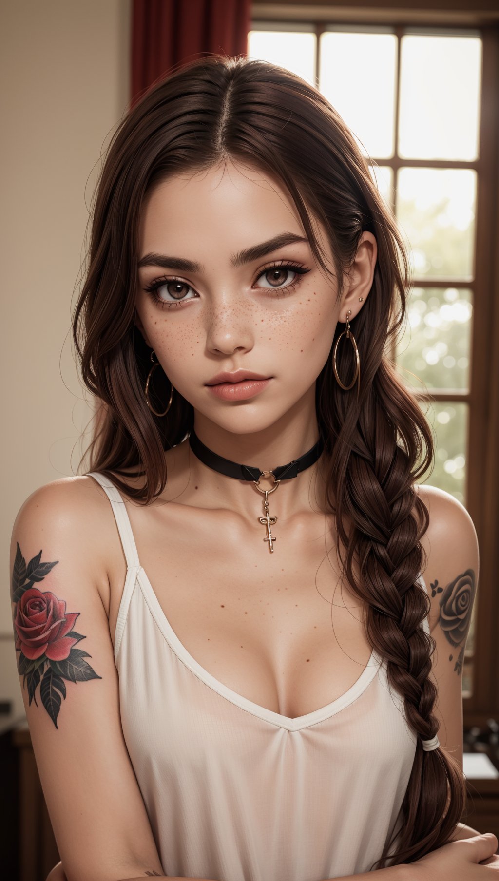 SFW,highest quality,woman,27 year old,backlighting,black choker,blurry background,blush,closed mouth,collarbone,earrings,forehead,freckles,hair over shoulder,jewelry,long hair,looking down,pointy nose,lips glossy,shadow,solo,thick eyebrows,thick eyelashes,upper body,red hair,braids,tattoos,tattoos on arms,black rose tattoos on neck,sun beams,warm light,cozy,((masterpiece)),