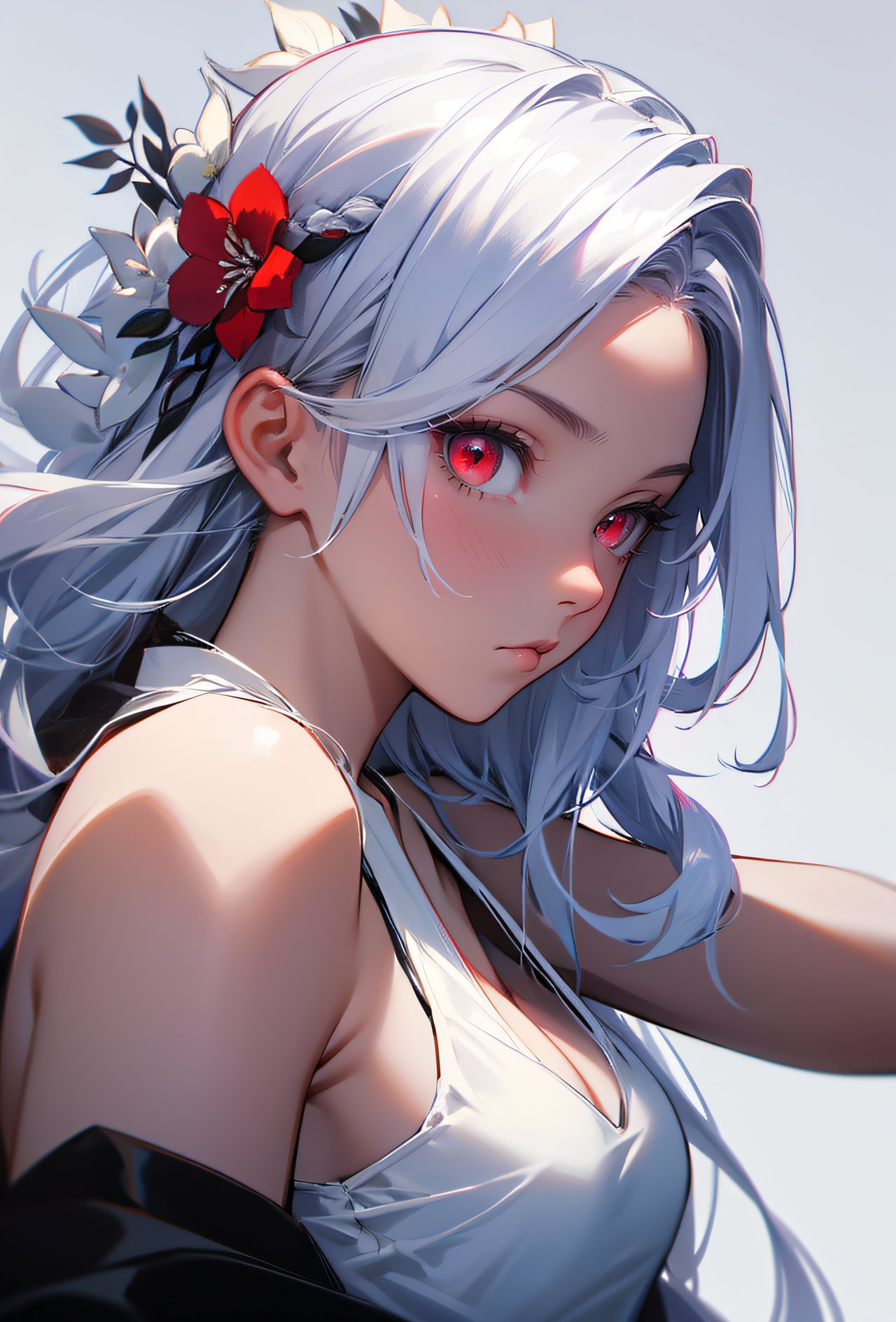 1girl, white tank top, cleavage, flower hair ornament, red eyes, white hair, BREAK, expressionless, BREAK, from side, simple background, upper body, sideways glance, looking away, french braid, (masterpiece, best quality, hires, high quality, by professional artist, ultra detailed, extremely detailed, absurdres, incredibly resolution:1.2), good hands, perfect hands, <lora:GoodHands-beta2:1>