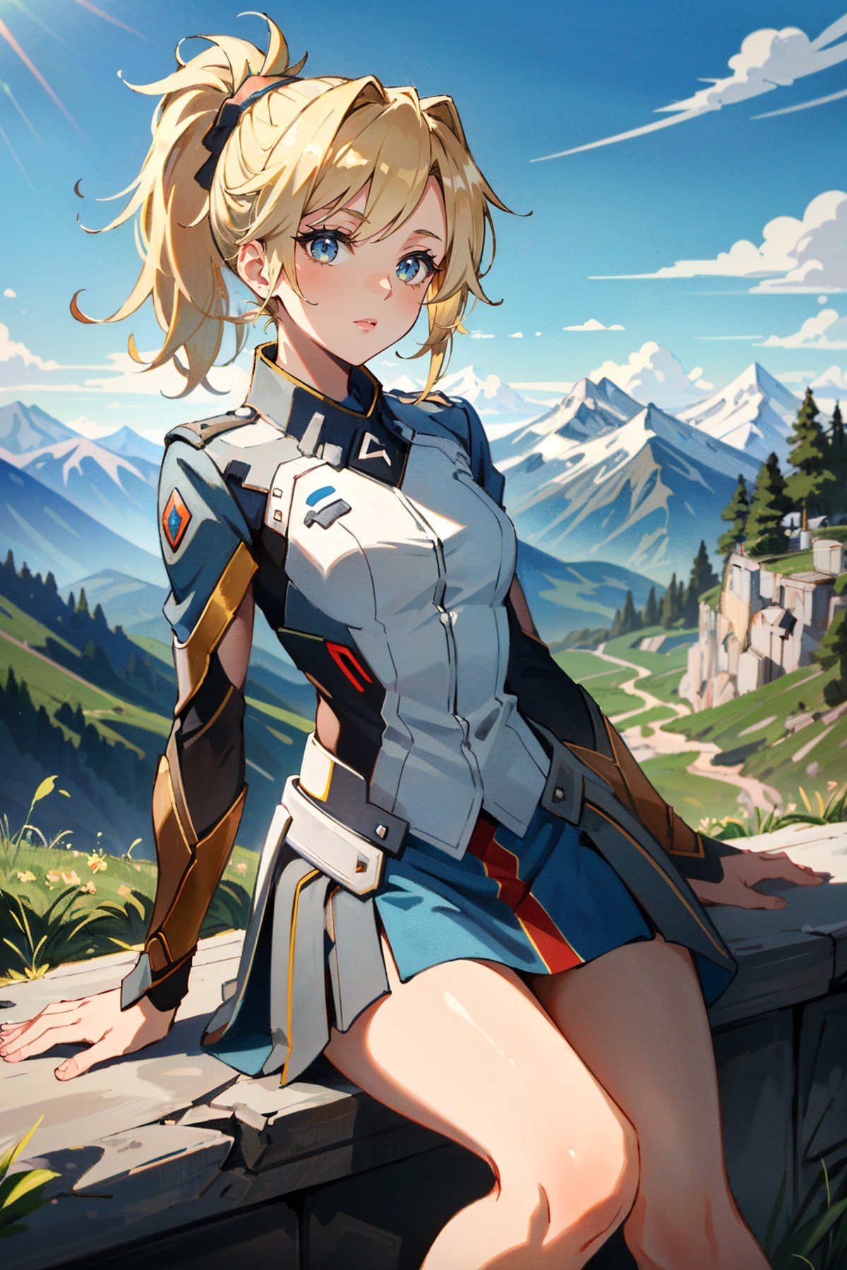 ((ultra detailed, masterpiece, absurdres))<lora:OMercy:0.8>OMercy, 1girl, blonde hair, ponytail, looking at viewer, mountain trail, midday, clear and crisp light illuminating the landscape