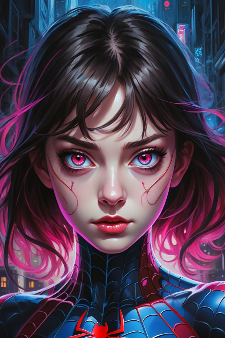 spider man and anime girl, one face with red eyes, the other face with blue eyes, in the style of intricate compositions, aurorapunk, intense close-ups, mecha anime, oil paintings, light black and magenta, lively illustrations