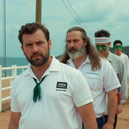 facing away from the viewer, with slightly blurry faces, dark green bolo tie, another man with short dark hair and a somber expression wears a white polo shirt with a black patch that reads "BLACK HOLE." He is standing behind a white fence and a tall wooden pole. To the right of the man in the white shirt, A man with white hair and a white beard, A caucasian man with long dark brown hair and a thick brown beard is wearing a white headband with thin blue and red stripes, there is a blue body of water., light brown hair is wearing a green felt mask over her eyes