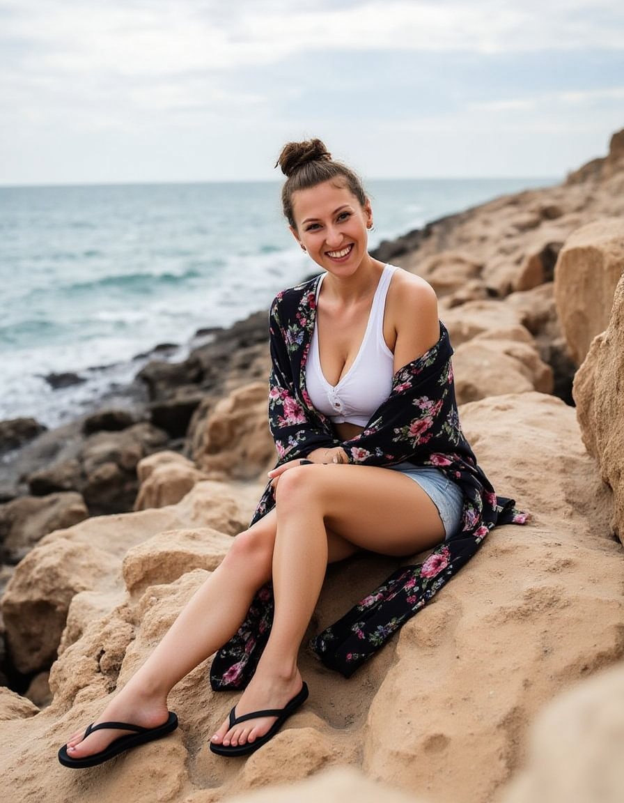 Woman sitting on rocks by ocean,  30s,  light complexion by GuyVdw001 on Tensor.Art