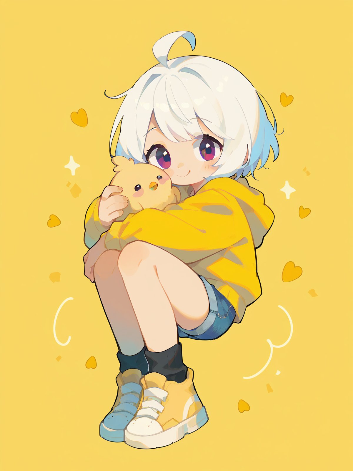 score_9, score_8_up, score_7_up, score_6_up, score_5_up, score_4_up, source_anime, rating_safe, embedding:zPDXL2, 1girl, solo, white hair, short hair, ahoge, chick, yellow hoodie, denim shorts, sneakers, looking at viewer, smile, hugging, golden background, full body,