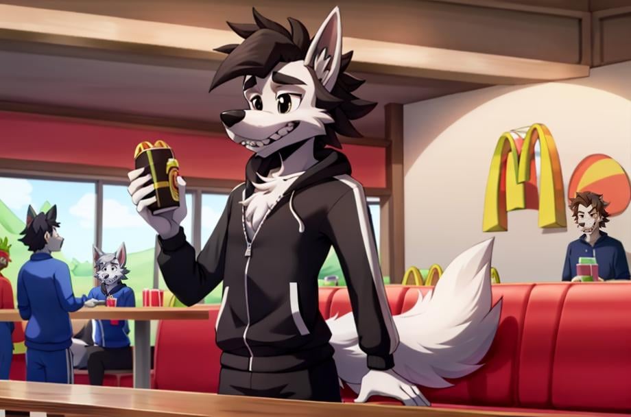 NuPogodiNewWolf, (chest tuft, black tracksuit, tail, teeth), (indoor, standing, mcdonald's restaurant, ordering food, crowd, crowded), (masterpiece:1.2), hires, ultra-high resolution, 8K, high quality, (sharp focus:1.2), clean, crisp, cinematic, <lora:Vlk-v1:0.7>