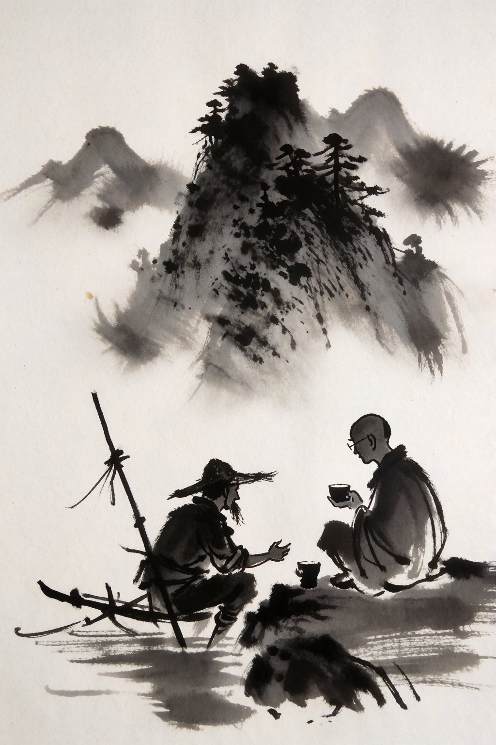 traditional chinese ink wash painting of mountain landscape,  minimalist composition,  black ink on rice paper by inknoir...