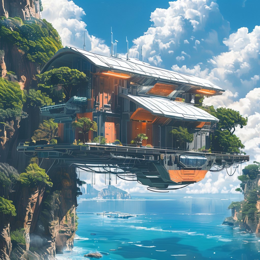 The image showcases a futuristic, elevated cityscape with a prominent house-like structure suspended above the water. The house is multi-tiered with a combination of glass and metallic exteriors. It's surrounded by lush greenery, including trees and plants. Below the house, there's a balcony with a few individuals, possibly enjoying the view. The city is built on a cliff, with other smaller structures and platforms visible. In the sky, there's a flying vehicle, and the backdrop features a vast expanse of water with a few distant islands. The sky is filled with fluffy white clouds, suggesting a clear day..<lora:Dream Home-000010:1>