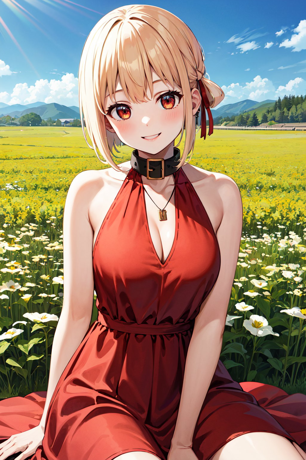 masterpiece, best quality, highres, bbchisato, short hair, hair ribbon, medium breasts, collar, necklace, jewelry, halterneck, cleavage, red dress, sleeveless dress, <lora:nishikigi_chisato_v1:0.7>, wariza, field, smile, sitting