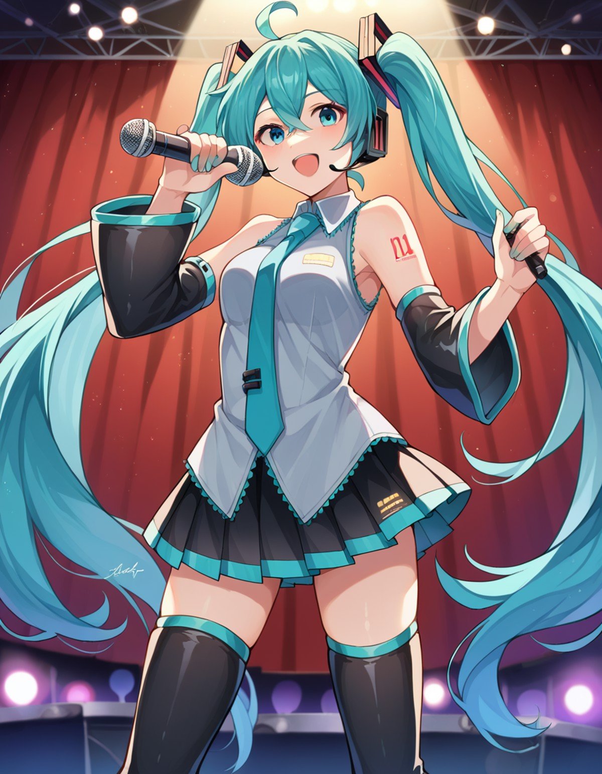 score_9, score_8_up, score_7_up, source_anime,mikuhatsune, <lora:miku-hatsune-ponyxl-lora-nochekaiser:1>,miku hatsune, ahoge, aqua eyes, aqua hair, crossed bangs, hair between eyes, hair ornament, headphones, long hair, twintails, mature female,aqua necktie, black footwear, black skirt, black sleeves, boots, collared shirt, detached sleeves, grey shirt, necktie, pleated skirt, shirt, skirt, sleeveless, sleeveless shirt, thigh boots, tie clip,indoors, stage, stage lights, concert, microphone, holding microphone, audience, singing,looking at viewer, dutch angle, cowboy shot,