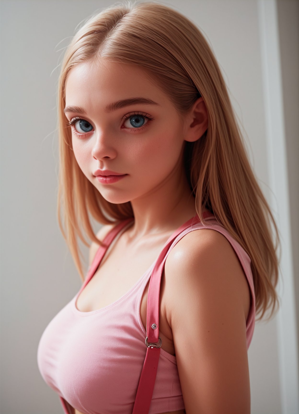 score_9, score_8_up, score_7_up, young face, skinny, turning to face viewer, head tilt, 1girl, portrait, large breasts, pink crop top, suspenders, looking at viewer, kinky, adorable, side view, looking at viewer, round face, 18 years old, cutest girl in the world