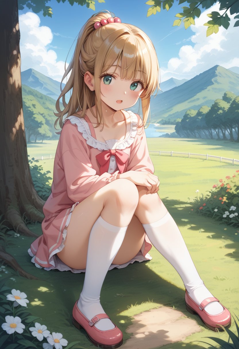 score_9, score_8_up, score_7_up, BREAK1girl, solo, long hair, half updo, green eyes, sitting, hair ornament, white legwear, blonde hair, hair bobbles, open mouth, tree, brown hair, ponytail, zettai ryouiki, day, eyelashes, outdoors, pink skirt, looking at viewer, arm support, grass, full body, casual, cloud, white shirt, pink footwear, blue eyes, on ground, pink dress, yokozuwari, pink bow, mary janes, legs, blue sky, collarbone, long sleeves, :o, shadow, frills, white thighhighs, mountain