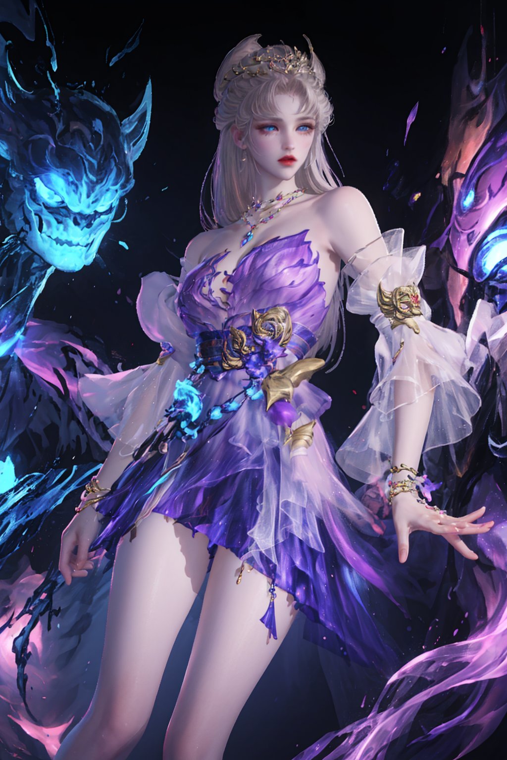 bare shoulders,barefoot,blue eyes,bracelet,detached sleeves,dress,gem,hair ornament,jewelry,long hair,looking at viewer,mole under eye,necklace,purple dress,tail,<lora:future003-yulinglong:0.9>,, best quality,masterpiece,highres,official art,extremely detailed cg unity 8k wallpaper,